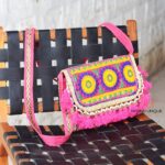 Pink Banjara embroidered sling clutch bag with beaded tassels, handcrafted Rajasthan, BUI105