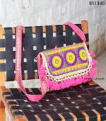 Pink Banjara embroidered sling clutch bag with beaded tassels, handcrafted Rajasthan, BUI105