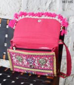 Pink Banjara embroidered sling clutch bag with beaded tassels, handcrafted Rajasthan, BUI105