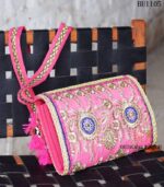 Pink Banjara embroidered sling clutch bag with beaded tassels, handcrafted Rajasthan, BUI105