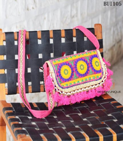 Pink Banjara embroidered sling clutch bag with beaded tassels, handcrafted Rajasthan, BUI105