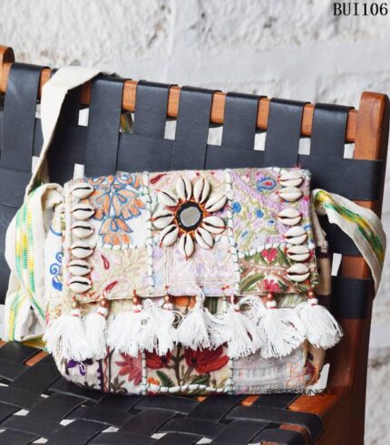 Banjara patchwork sling bag with shisha mirror work and cowrie shells, handcrafted Rajasthan, BUI106