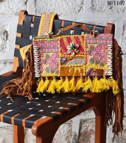 Banjara embroidered clutch bag with cowrie shells and suede fringe strap, handmade in Rajasthan – BUI107