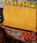 Banjara embroidered clutch bag with cowrie shells and suede fringe strap, handmade in Rajasthan – BUI107
