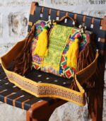 Banjara embroidered clutch bag with cowrie shells and suede fringe strap, handmade in Rajasthan – BUI107