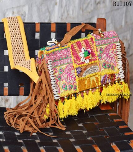 Banjara embroidered clutch bag with cowrie shells and suede fringe strap, handmade in Rajasthan – BUI107
