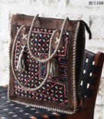 Vintage embroidered tote bag with buffalo leather trim and rope handles, handmade – BUI108