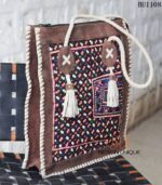 Vintage embroidered tote bag with buffalo leather trim and rope handles, handmade – BUI108