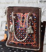 Vintage embroidered tote bag with buffalo leather trim and rope handles, handmade – BUI108