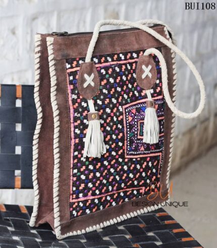 Vintage embroidered tote bag with buffalo leather trim and rope handles, handmade – BUI108
