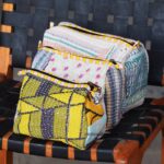 Set of 3 kantha-quilted cotton patchwork pouches, handmade in India. Sustainable, one-of-a-kind design. Wholesale & private-label export.