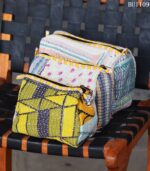 Set of 3 kantha-quilted cotton patchwork pouches, handmade in India. Sustainable, one-of-a-kind design. Wholesale & private-label export.