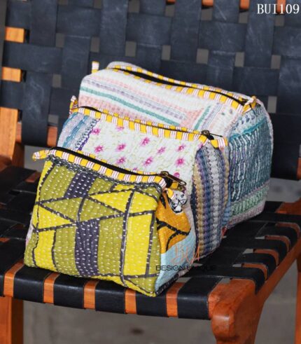 Set of 3 kantha-quilted cotton patchwork pouches, handmade in India. Sustainable, one-of-a-kind design. Wholesale & private-label export.
