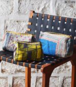 Set of 3 kantha-quilted cotton patchwork pouches, handmade in India. Sustainable, one-of-a-kind design. Wholesale & private-label export.