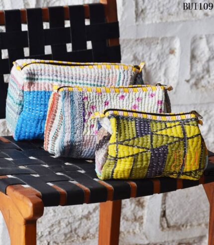 Set of 3 kantha-quilted cotton patchwork pouches, handmade in India. Sustainable, one-of-a-kind design. Wholesale & private-label export.