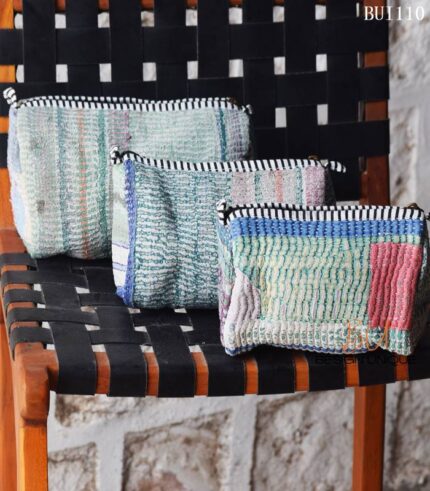 Kantha quilted patchwork pouch set, pastel colorway, handmade cotton, India – BUI110