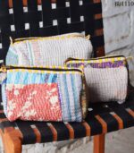Kantha quilted patchwork pouch set, pastel colorway, handmade cotton, India – BUI110