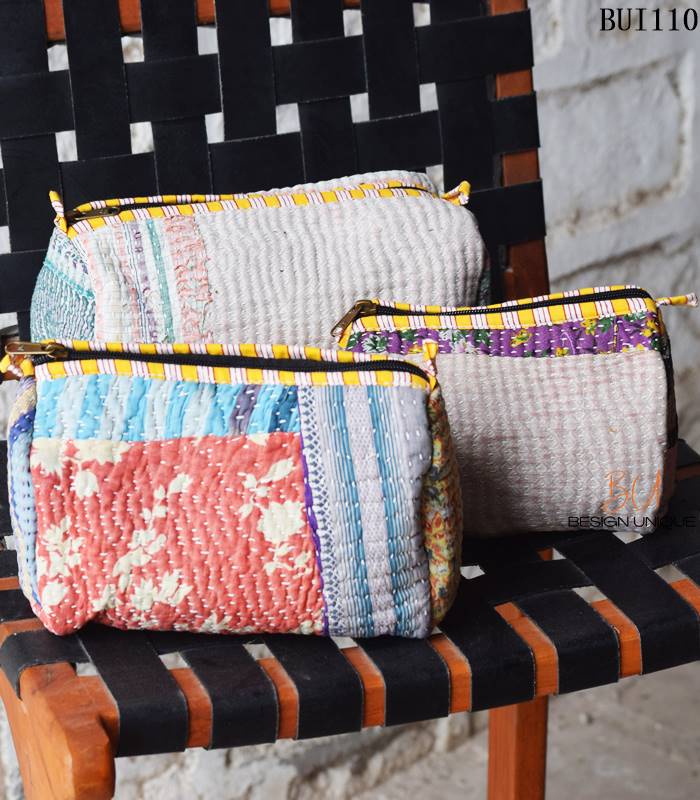 Kantha quilted patchwork pouch set, pastel colorway, handmade cotton, India – BUI110 Kantha quilted patchwork pouch set, pastel colorway, handmade cotton, India – BUI110
