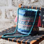 Blue jacquard woven bucket bag with tassel details and rope strap, handmade – BUI111