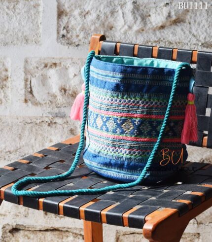 Blue jacquard woven bucket bag with tassel details and rope strap, handmade – BUI111