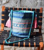 Blue jacquard woven bucket bag with tassel details and rope strap, handmade – BUI111