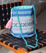 Blue jacquard woven bucket bag with tassel details and rope strap, handmade – BUI111
