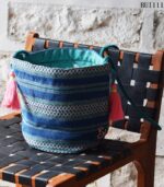 Blue jacquard woven bucket bag with tassel details and rope strap, handmade – BUI111