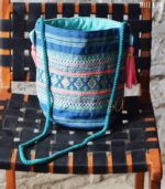 Blue jacquard woven bucket bag with tassel details and rope strap, handmade – BUI111