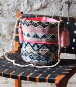 Aztec embroidered bucket bag with pink pom-pom trim and rope strap, handmade – BUI112