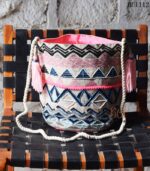 Aztec embroidered bucket bag with pink pom-pom trim and rope strap, handmade – BUI112