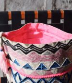 Aztec embroidered bucket bag with pink pom-pom trim and rope strap, handmade – BUI112
