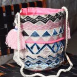 Aztec embroidered bucket bag with pink pom-pom trim and rope strap, handmade – BUI112