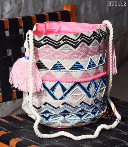 Aztec embroidered bucket bag with pink pom-pom trim and rope strap, handmade – BUI112