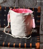 Aztec embroidered bucket bag with pink pom-pom trim and rope strap, handmade – BUI112
