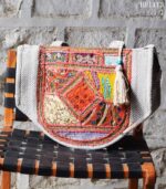 Herringbone canvas tote bag with vintage embroidered patchwork panel, handmade – BUI113