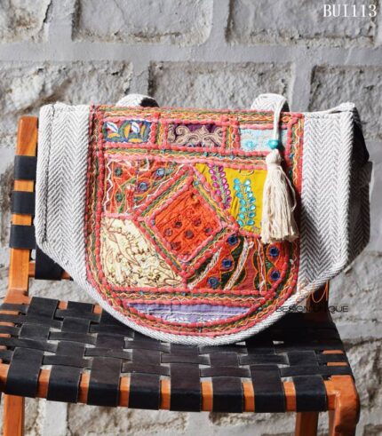 Herringbone canvas tote bag with vintage embroidered patchwork panel, handmade – BUI113