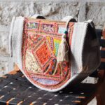 Herringbone canvas tote bag with vintage embroidered patchwork panel, handmade – BUI113