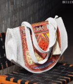 Herringbone canvas tote bag with vintage embroidered patchwork panel, handmade – BUI113