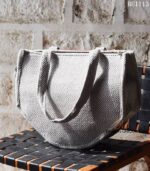 Herringbone canvas tote bag with vintage embroidered patchwork panel, handmade – BUI113