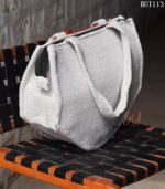 Herringbone canvas tote bag with vintage embroidered patchwork panel, handmade – BUI113