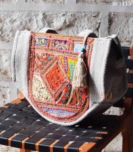 Herringbone canvas tote bag with vintage embroidered patchwork panel, handmade – BUI113