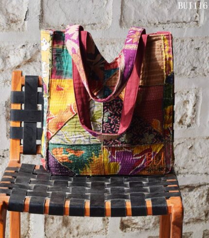 Kantha patchwork carry bag with maroon panel, handmade in India – BUI116