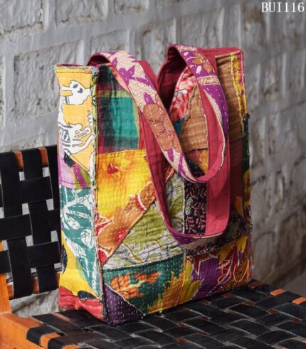 Kantha patchwork carry bag with maroon panel, handmade in India – BUI116