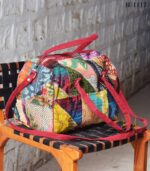 Kantha patchwork duffel bag with maroon suede trim, handmade in India – BUI117