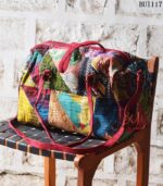 Kantha patchwork duffel bag with maroon suede trim, handmade in India – BUI117