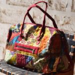 Kantha patchwork duffel bag with maroon suede trim, handmade in India – BUI117