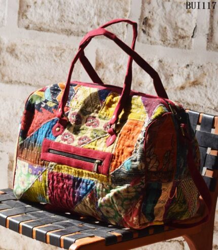 Kantha patchwork duffel bag with maroon suede trim, handmade in India – BUI117