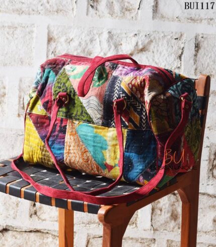 Kantha patchwork duffel bag with maroon suede trim, handmade in India – BUI117