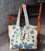 Punch needle embroidered PEACE canvas tote bag, handmade in India – BUI118