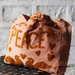 Punch needle embroidered PEACE canvas tote bag, peach colorway, handmade in India – BUI119